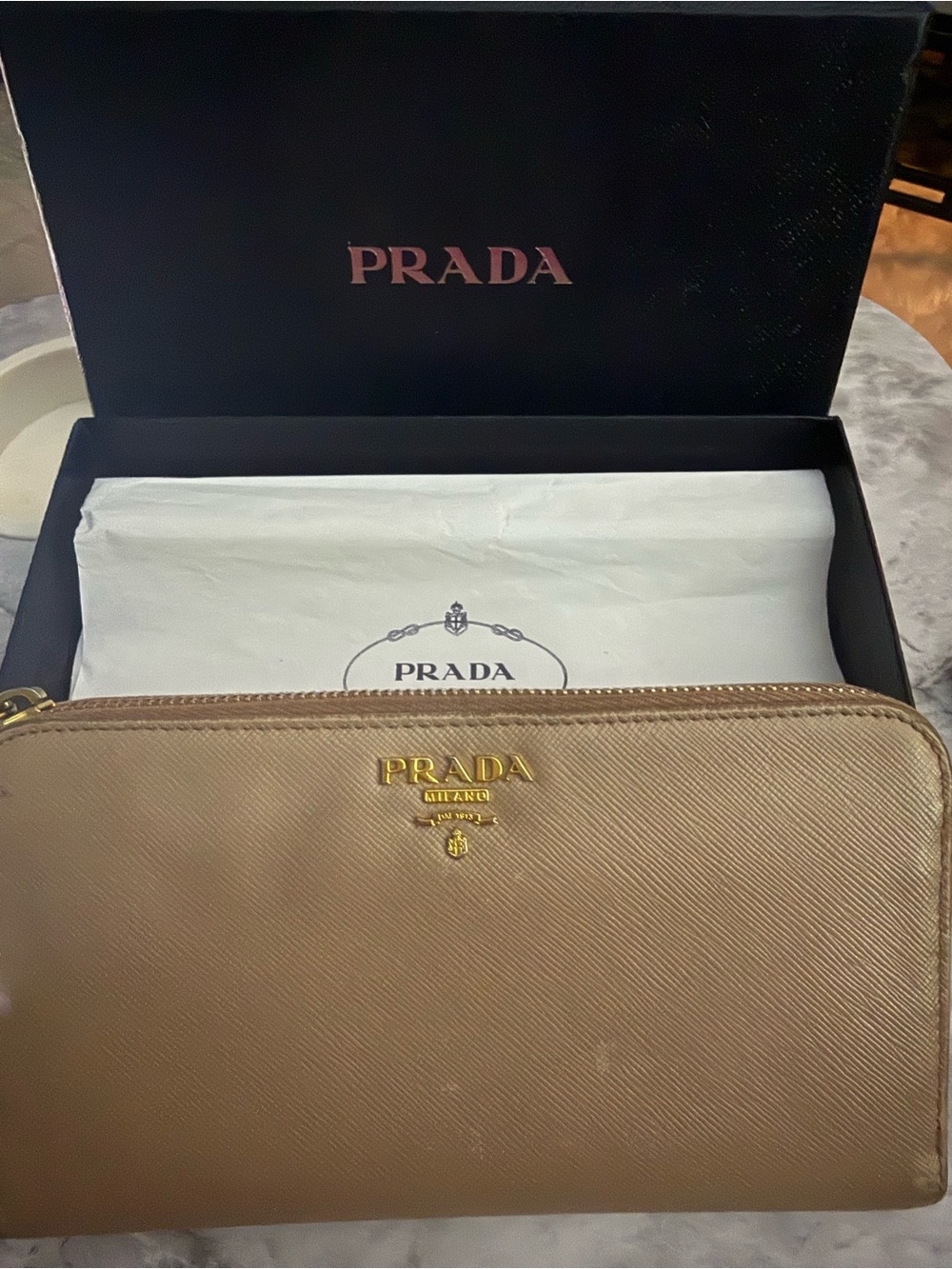 Prada Saffiano Leather Zip Wallet in Taupe with Gold Logo